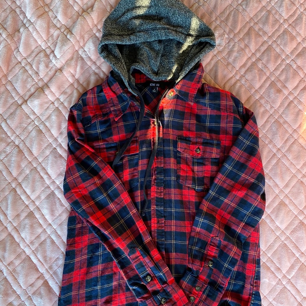 Hooded plaid button up